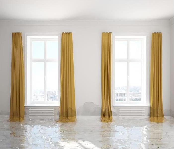 flooded room with curtains